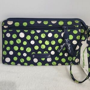 Vera Bradley Retired Navy Blue Green White Lucky Dots Front Zip Wristlet NWT